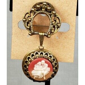 Vtg Signed Coro Dangle Pink Lucite Courting Couple Cameo Locket Pendant Brooch
